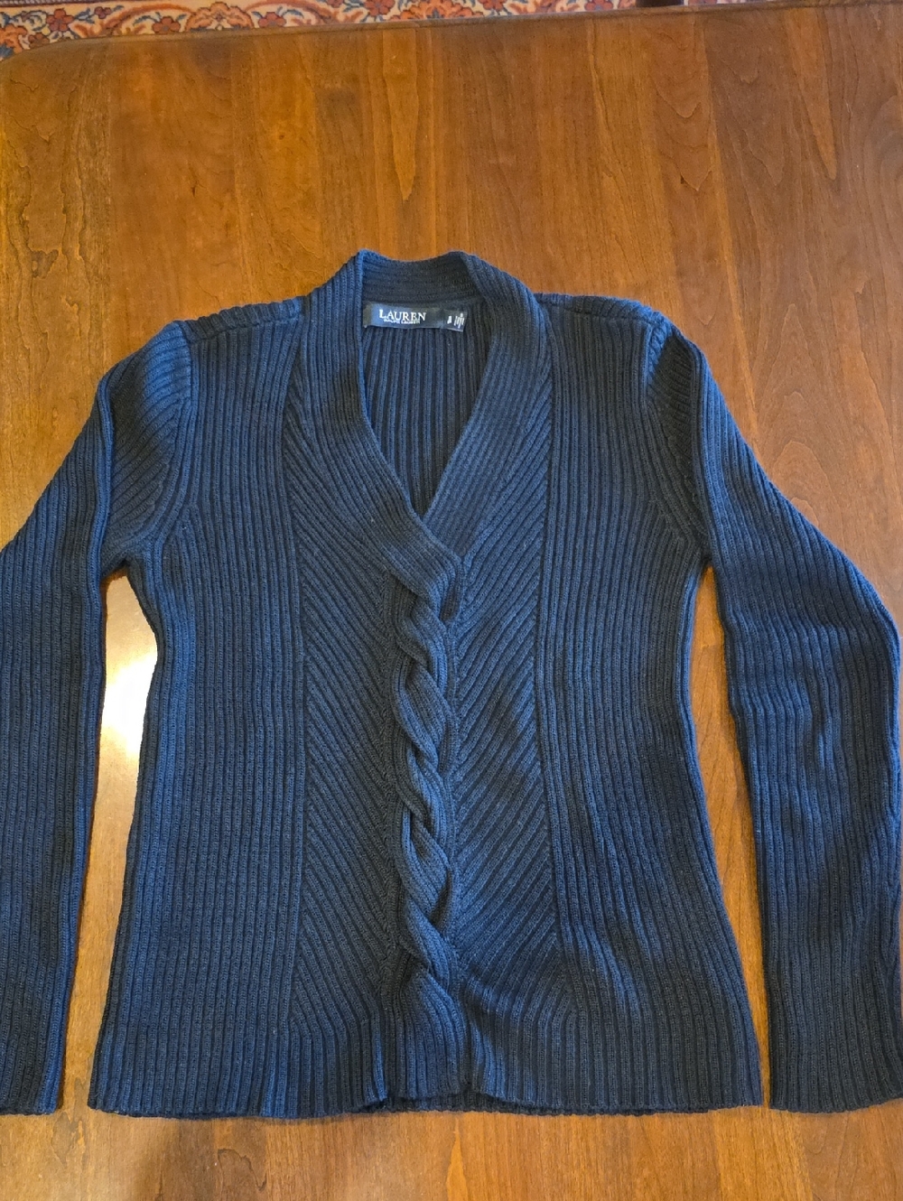 Lauren Ralph Lauren Black Ribbed V‑Neck Cable‑Front Sweater - Women